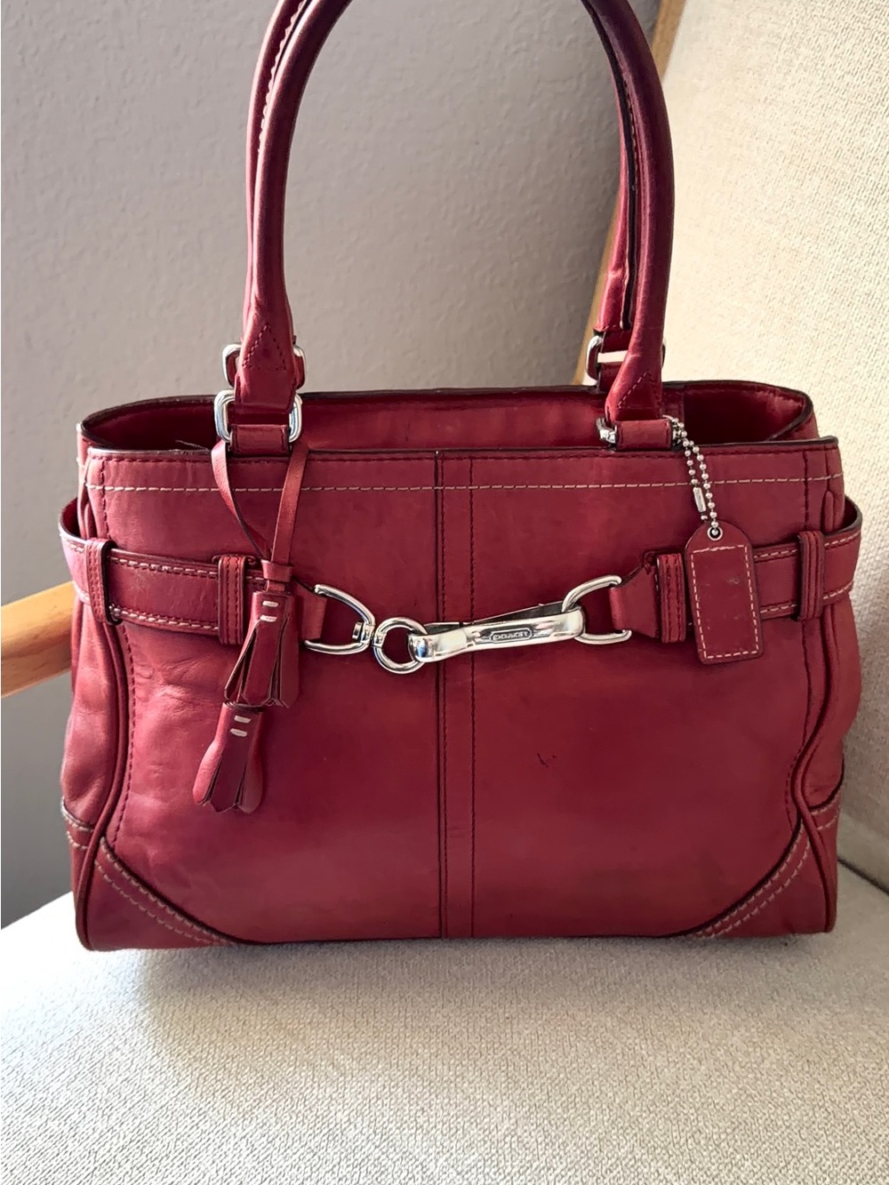 Coach Burgundy Leather Satchel with Silver Hardware